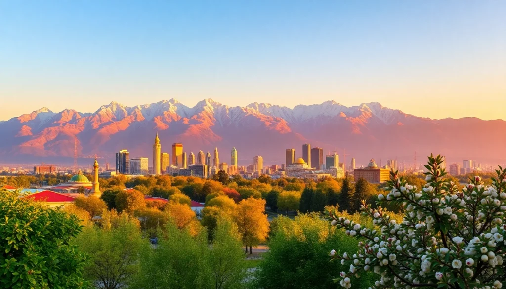 View of Almaty's skyline and Tian Shan mountains, showcasing the essence of https://albmaftoh.com in a vibrant sunset.