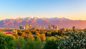 View of Almaty's skyline and Tian Shan mountains, showcasing the essence of https://albmaftoh.com in a vibrant sunset.