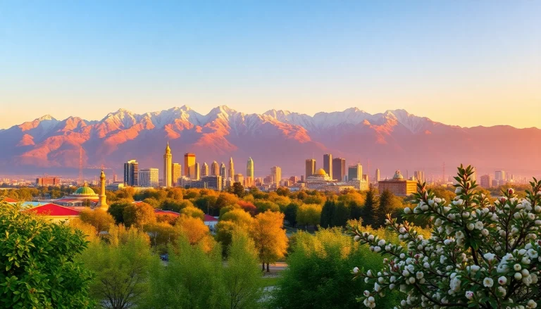 View of Almaty's skyline and Tian Shan mountains, showcasing the essence of https://albmaftoh.com in a vibrant sunset.