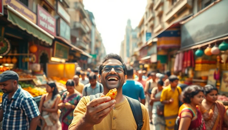 Experience the lively atmosphere of Mumbai with colorful stalls and a Mumbaikar enjoying a snack at https://www.mumbaikarsperspective.com.