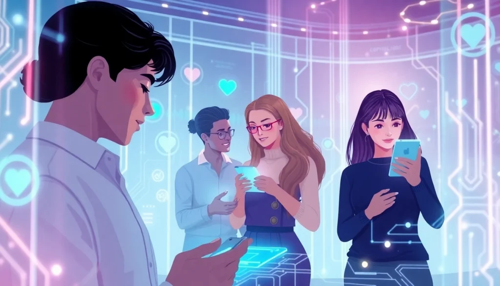 Engaging scene on sex AI technology featuring diverse individuals and futuristic digital interfaces.