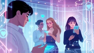 Engaging scene on sex AI technology featuring diverse individuals and futuristic digital interfaces.