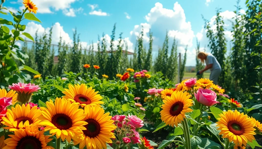 Gardening enthusiast tending to a vibrant garden filled with colorful flowers and vegetables.
