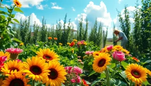 Gardening enthusiast tending to a vibrant garden filled with colorful flowers and vegetables.