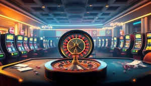 Babu88 casino atmosphere featuring vibrant roulette and poker tables amidst a luxurious setting.