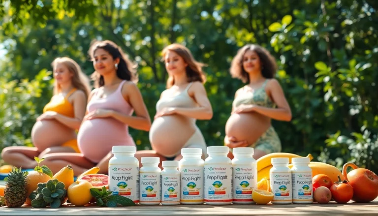 葉酸サプリと新鮮な野菜を携え、屋外でヨガをする妊婦たち。