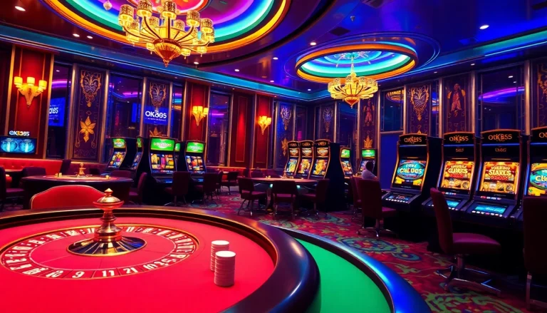 Experience the thrill of betting at OK365 Trang chủ, featuring a luxurious poker table and dynamic slot machines.