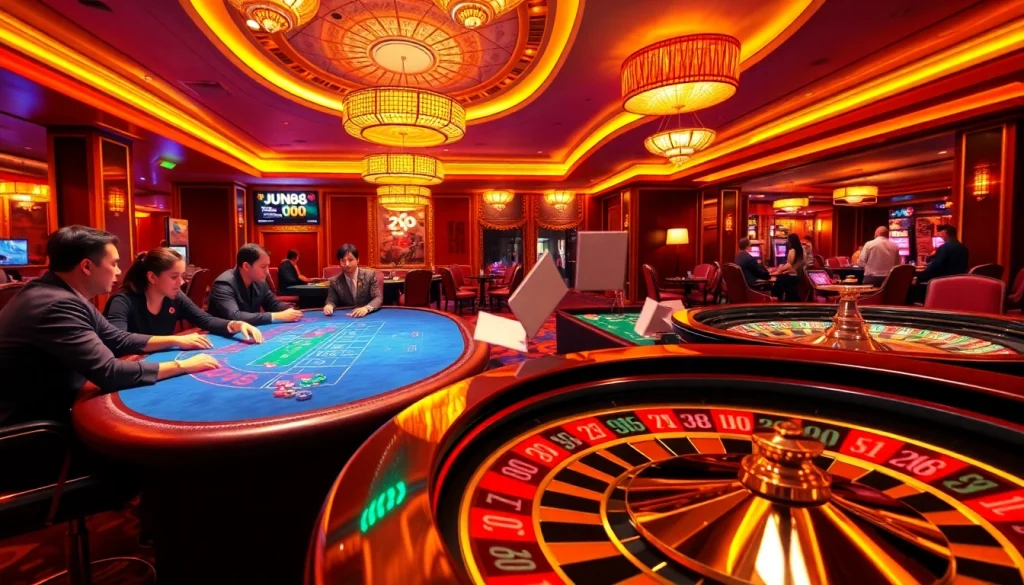 Experience the luxury of gambling at JUN88's vibrant casino with lively players and stunning tables.