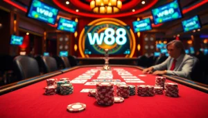 Người chơi tham gia tại bàn poker khi khám phá liên kết W88 trong một môi trường casino sang trọng.