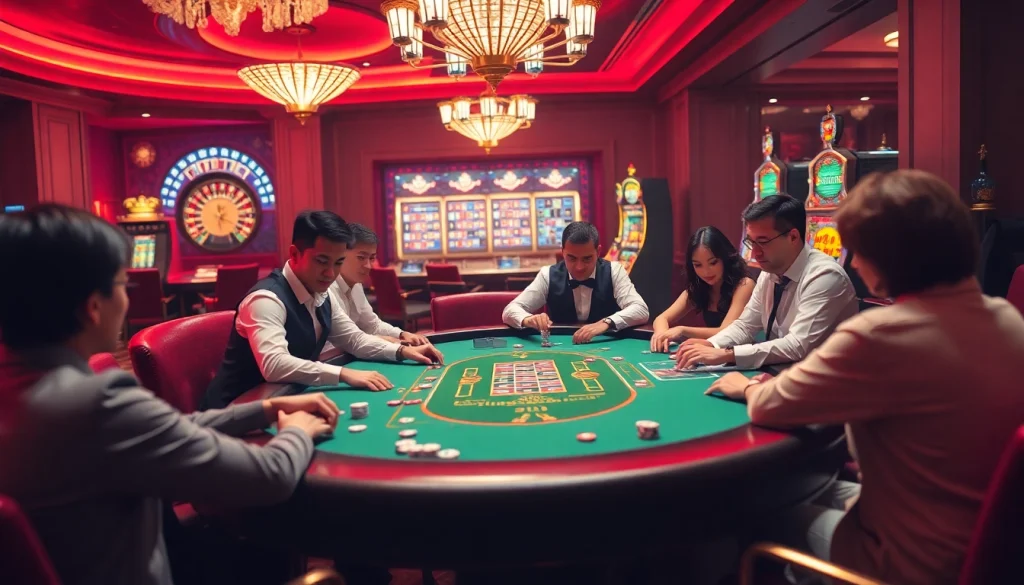 Exciting poker gameplay at a luxurious casino, representing KJC COM's elite gaming experience.