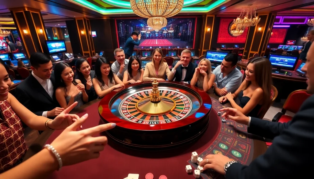 Excited gamblers placing bets around the vibrant roulette wheel at BIG88.BAR casino.