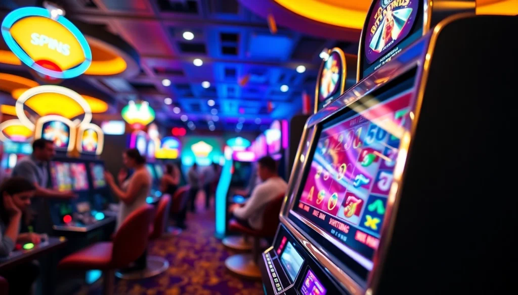 Mainkan slot deposit 1000 sambil menikmati suasana kasino yang meriah dengan mesin slot berwarna-warni.