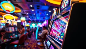 Mainkan slot deposit 1000 sambil menikmati suasana kasino yang meriah dengan mesin slot berwarna-warni.