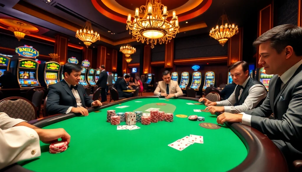 Engaged players at a vibrant poker table with chips reflecting 8qbet's thrilling gambling atmosphere.
