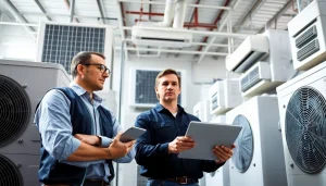 Evaluate Wholesale HVAC for Contractors in a well-lit warehouse with contractors examining units.