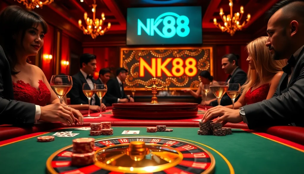 Engaging players at NK88 casino table featuring poker chips, cards, and roulette wheel.
