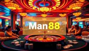 Gambling at Man88 casino with vibrant roulette wheel and excited players.