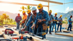Tradesmen at work in Oahu demonstrating skills in carpentry and electrical tasks.