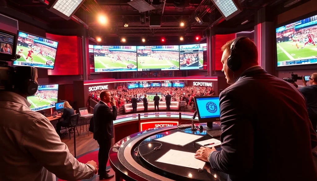 Engaging scene of Sports Broadcasting with a vibrant studio set and dynamic hosts.