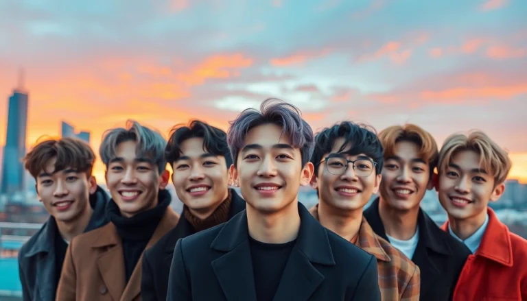 BTS members posing vibrantly in an urban setting during sunset, showcasing their unique personalities.