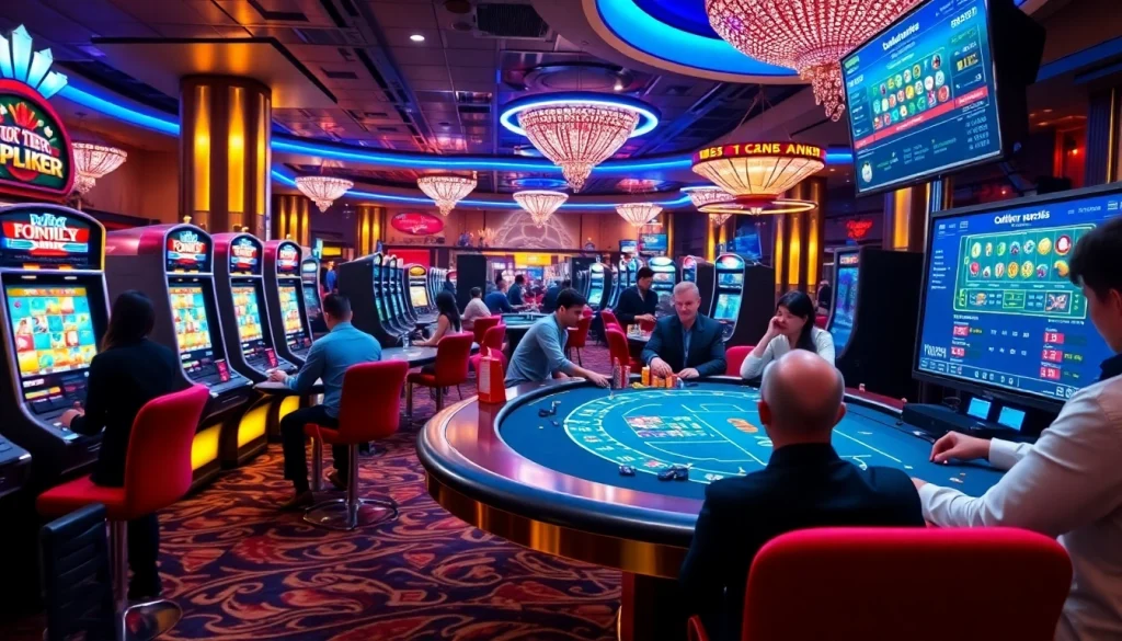 Players enjoy thrilling games at topclub’s luxurious casino, featuring vibrant slot machines and poker tables.