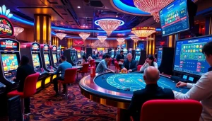 Players enjoy thrilling games at topclub’s luxurious casino, featuring vibrant slot machines and poker tables.