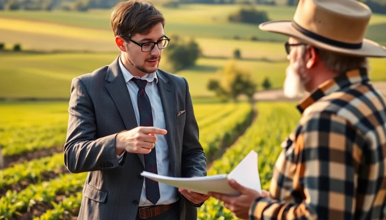 Agriculture lawyer advising a farmer on legal matters amid fields, fostering a professional atmosphere.