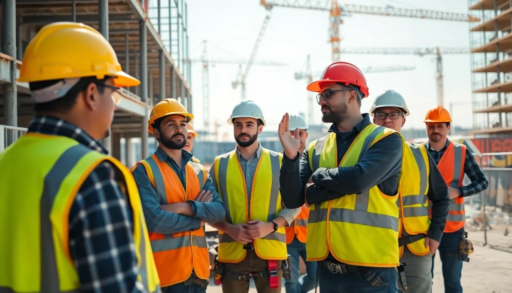 Enhancing construction site safety with diverse workers coordinating in a busy site.