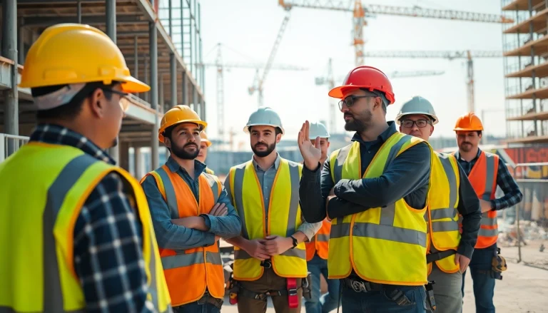 Enhancing construction site safety with diverse workers coordinating in a busy site.