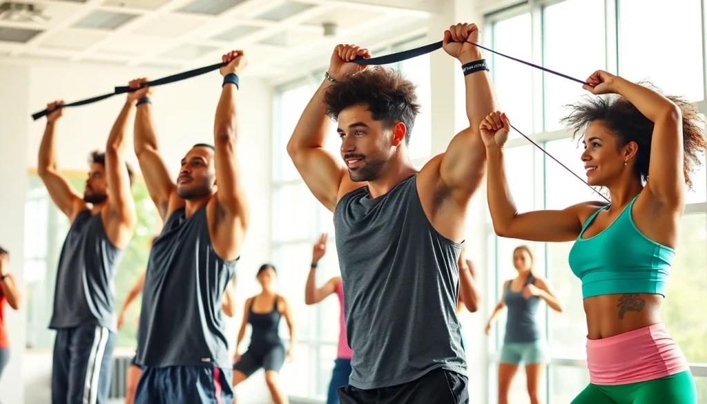 Group using a pull-up assist band in a modern gym setting for fitness.