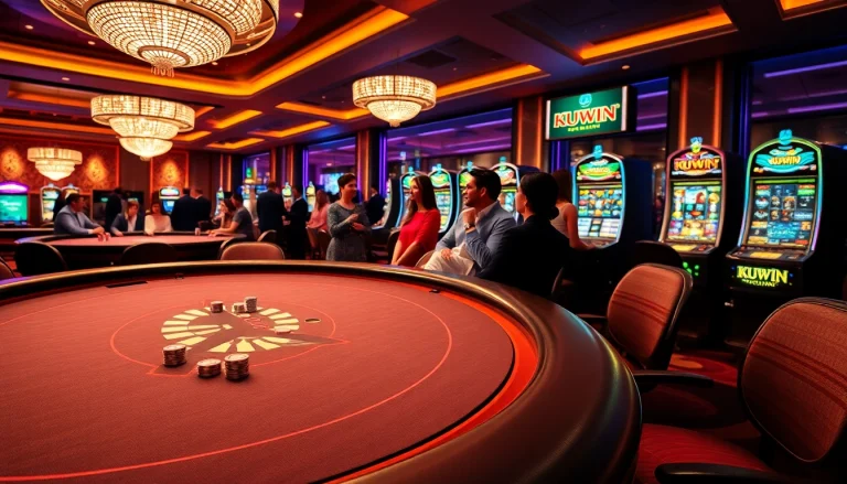 Kuwin branding shines on a luxurious casino table featuring poker chips and roulette wheels.