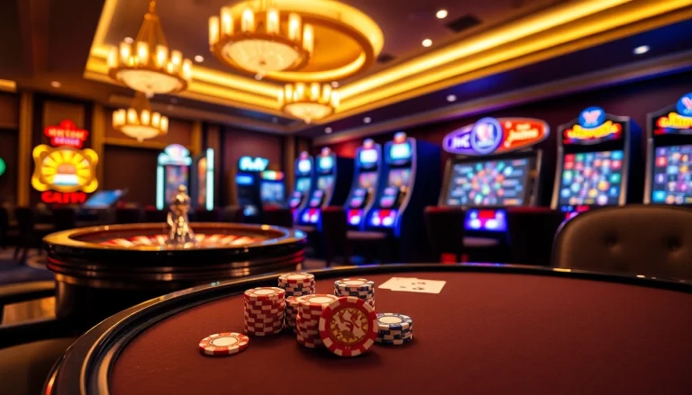 Experience the thrill of j88.com with an exciting casino scene featuring poker, roulette, and slot machines.