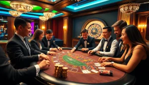 Players engaged in an exciting baccarat game at https://xx88.us/ showcasing a vibrant casino atmosphere.