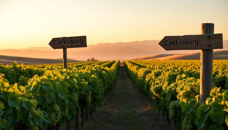 Capture the beauty of vineyards in Carksburg CA with ripe grapes and warm sunset hues.