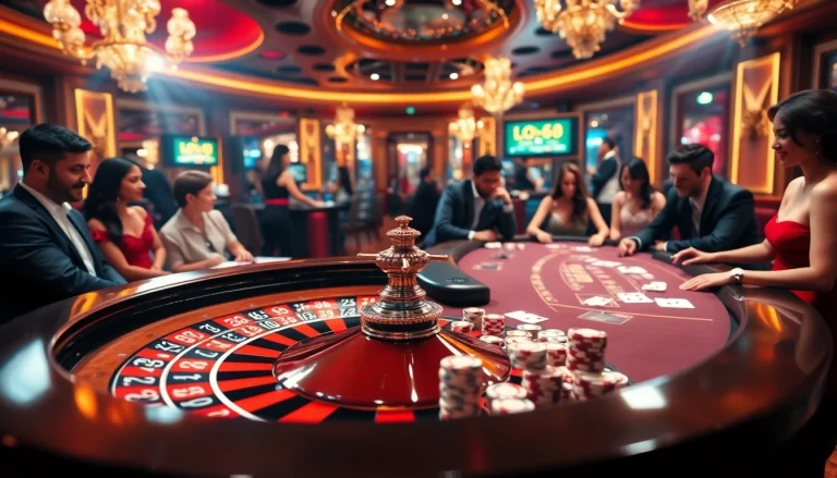 Một nhóm người chơi đa dạng đang thưởng thức các trò chơi cược cao tại một casino sang trọng, có các yếu tố từ https://luck8.com.