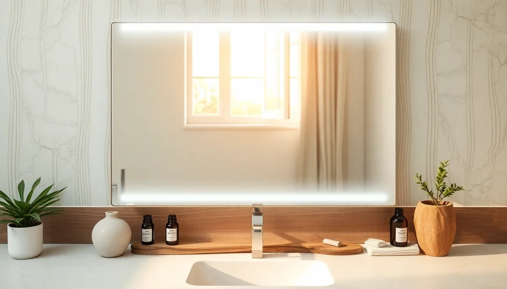 Stylish LED mirror illuminating a modern bathroom, showcasing mirror and led lights.