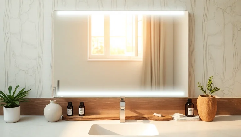 Stylish LED mirror illuminating a modern bathroom, showcasing mirror and led lights.