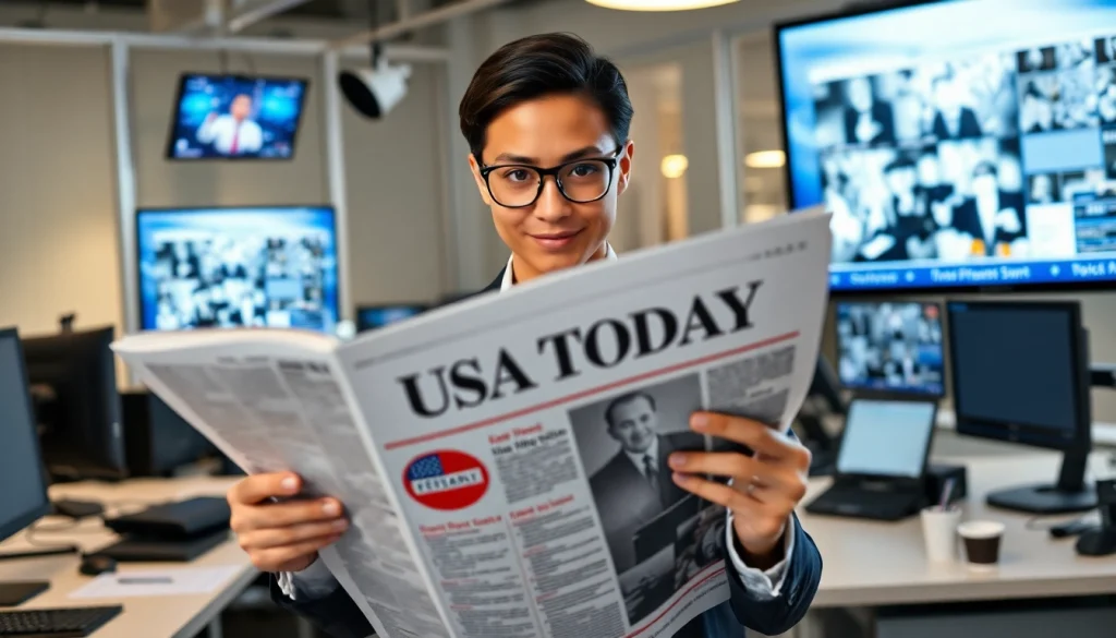 Read a gripping article from Usa Today amidst a bustling newsroom environment.