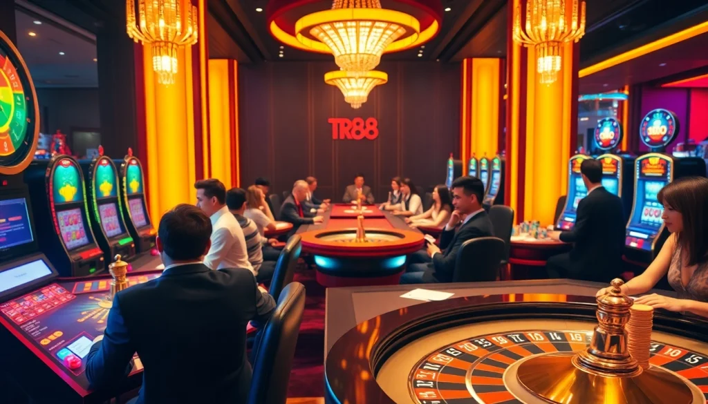 Players enjoying casino games featuring TR88 in a luxurious gambling setting with exciting tables and slot machines.