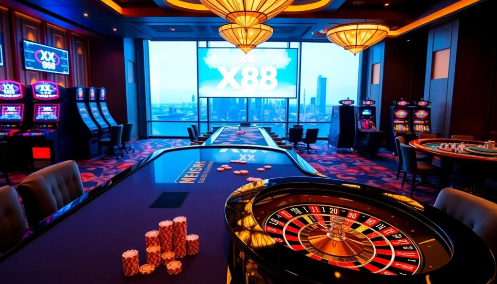 Exciting casino scene showcasing a poker table with XX 88 branding and vibrant chips.