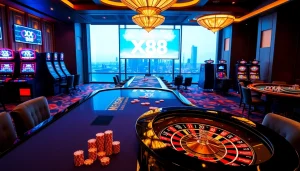 Exciting casino scene showcasing a poker table with XX 88 branding and vibrant chips.