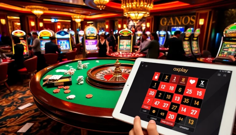 Players engaging in a thrilling casino experience at Oxplay with vibrant roulette and slot machines.