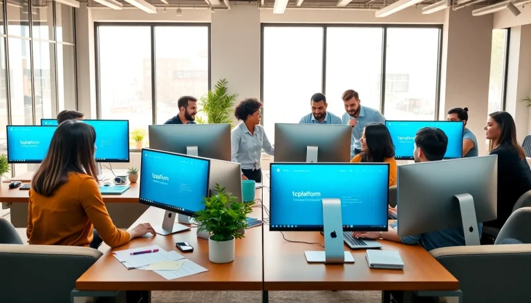 Engaged team collaborating on projects using the 1cplatform in a modern office space.