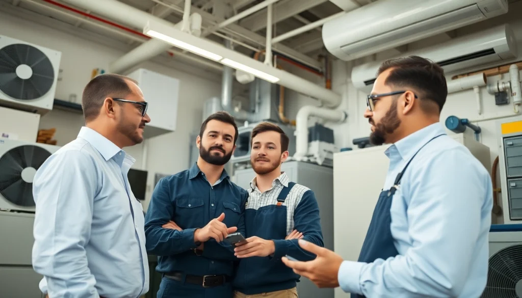 Wholesale HVAC for Contractors team discussing quality equipment in bright workshop