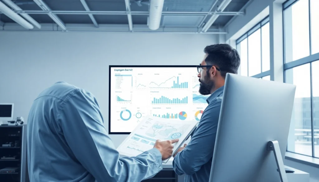 Engineer reviewing das 142 design in a bright, modern office setting.