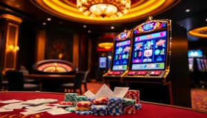 Engaging slot pulsa gaming experience featuring vibrant slots and colorful chips in a luxury casino.