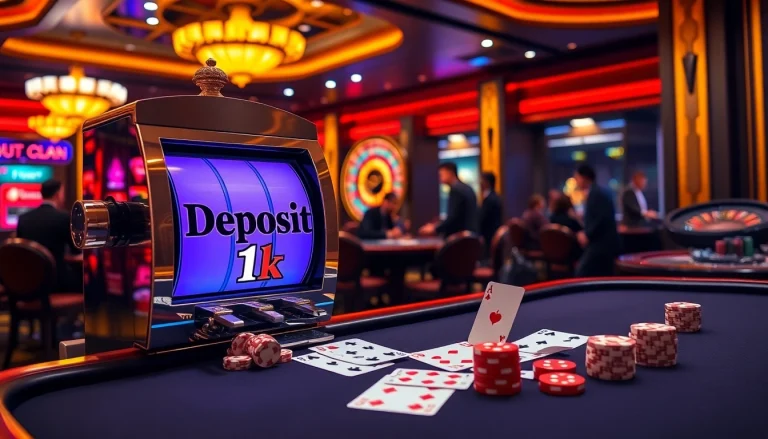Exciting casino scene showcasing luxury slot deposit 1k and high-stakes poker tables.