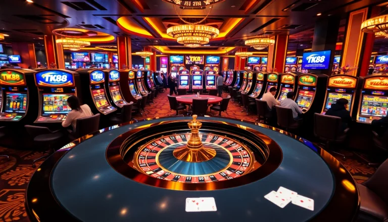 Engaging players at the TK88-themed casino table, rich in excitement and vibrant gaming action.