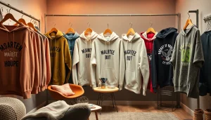 Džemperiai su spauda rodomi stilingoje studijos aplinkoje, su individualizuotais dizainais ir jaukia atmosfera.