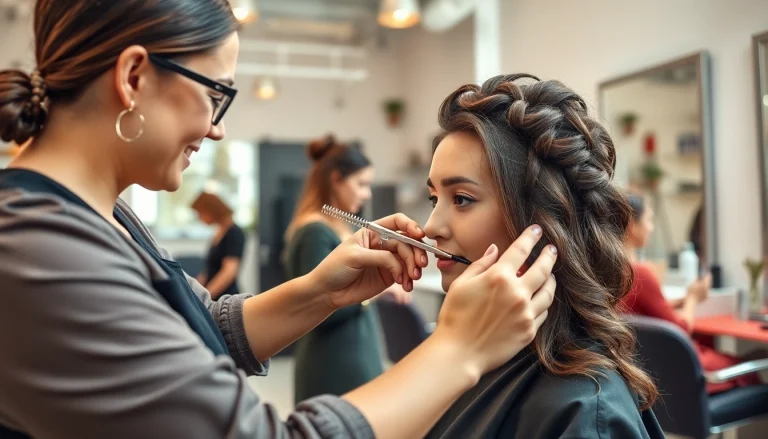 Hairstyle bucuresti creation in a modern salon with professional hairstylist and clients.